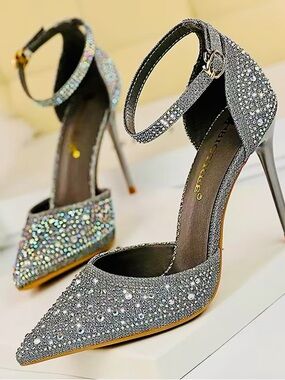 Embellished Silver Pointed-Toe Ankle-Strap Heels